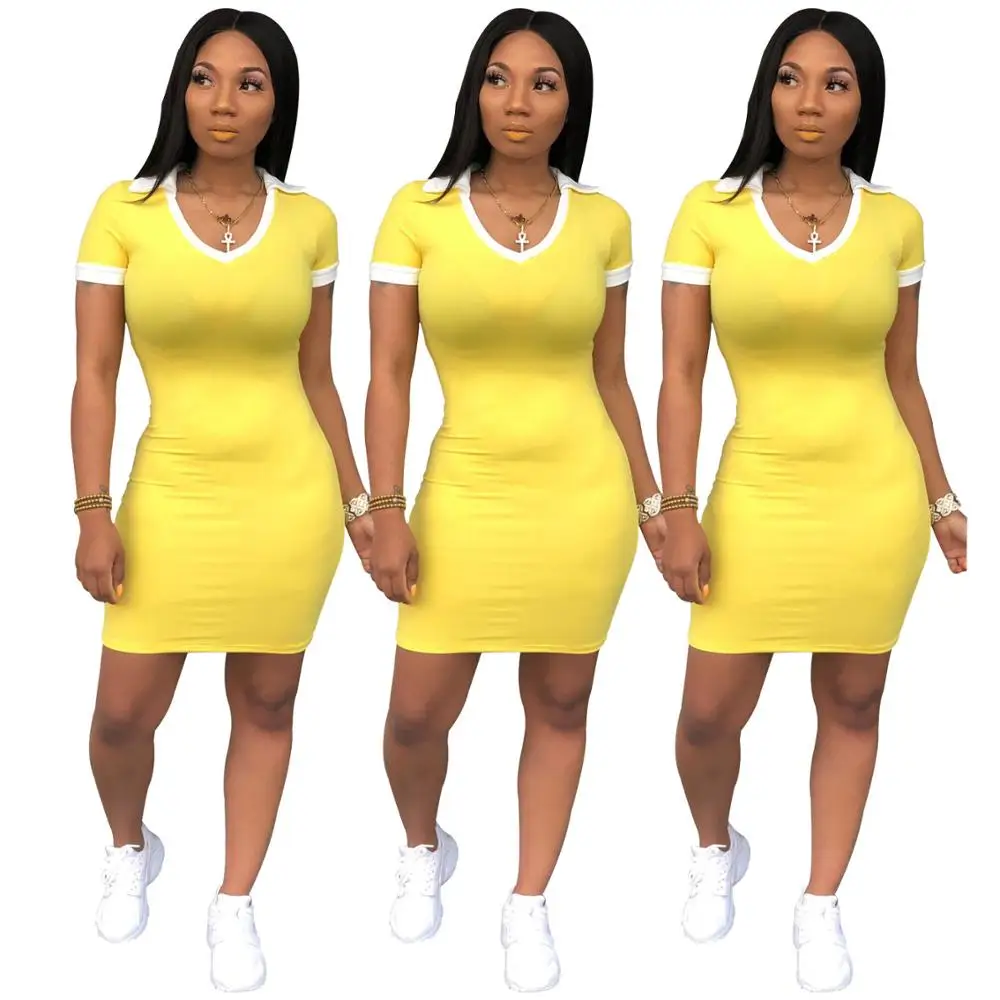 Новинка, женское мини-платье с v-образным вырезом в полоску, с коротким рукавом, длиной выше колена, одежда для активного отдыха, повседневные Модные миди платья, наряд WY6565 - Цвет: Цвет: желтый