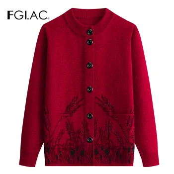 

Middle-aged women's sweater New 2019 autumn and winter sweater women cardigan print plus size knitted sweater coats