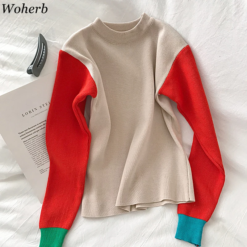 Woherb Pull Femme, контрастный цвет, пэчворк, трикотаж, топы, круглый вырез, длинный рукав, свитер для женщин, корейская мода, пуловеры, джемперы 91359