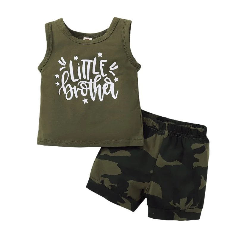 2pcs Summer Print Kids Boy Sleeveless Tops+Pants Camouflage Clothes Set 