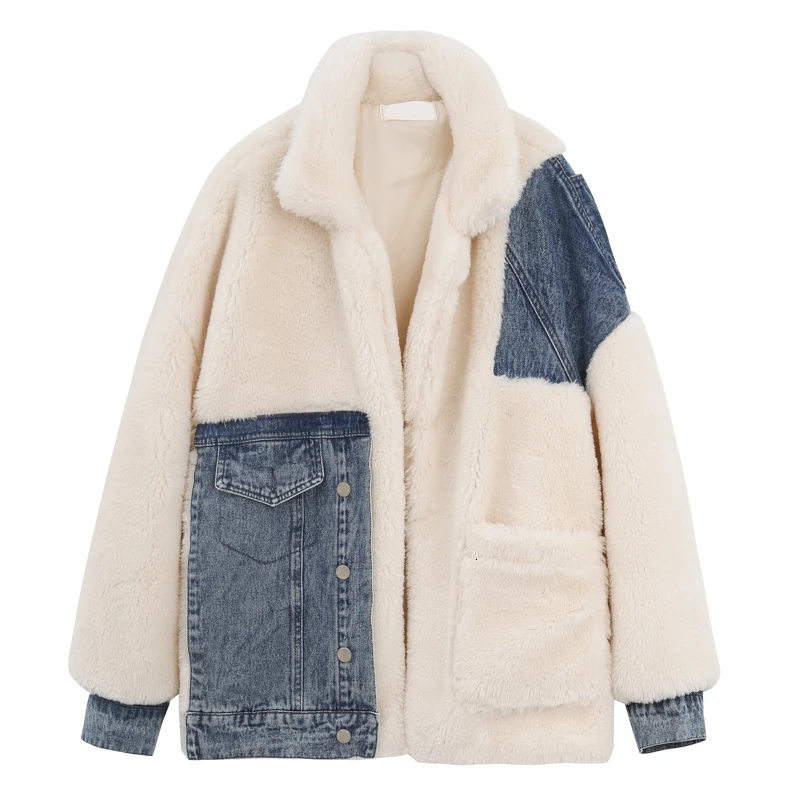 CHICEVER Лоскутная джинсовая хит цветная Женская шерстяная куртка воротник с лацканами рукав-фонарик необычные женские пальто осенняя одежда