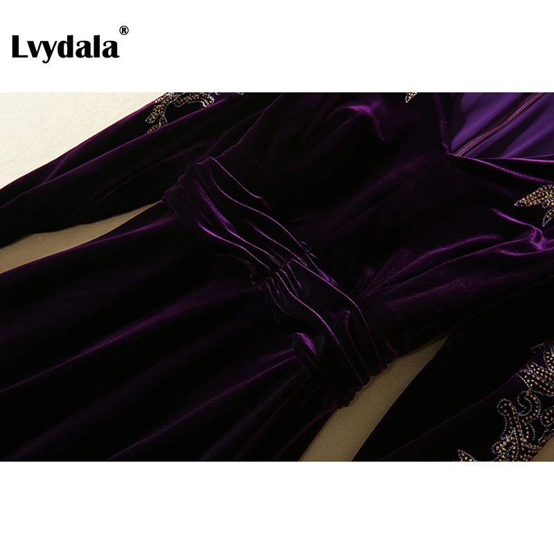 Lvydala Новое модное дизайнерское подиумное Макси Платье женское с длинным рукавом v-образным вырезом с вышивкой бархатные длинные платья