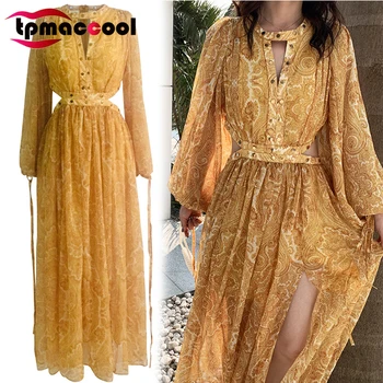 

Tpmaccool luxury desigber women Holiday Mango Yellow chiffon Exotic Super Large Swing Midriff Outfit Split long maxi boho Dress