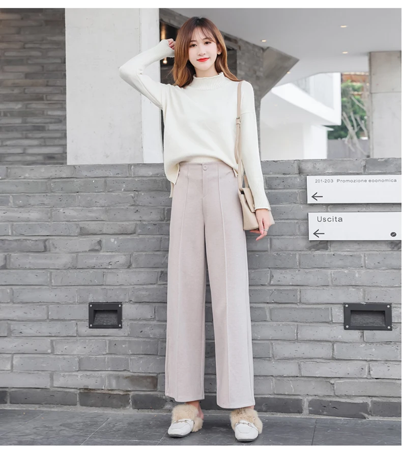 Ankle-Length Women Woolen Pants Wide Leg Pant 2019 New Fashion Autumn Winter Wear High Waist Loose Female Black Beige Trousers (15)