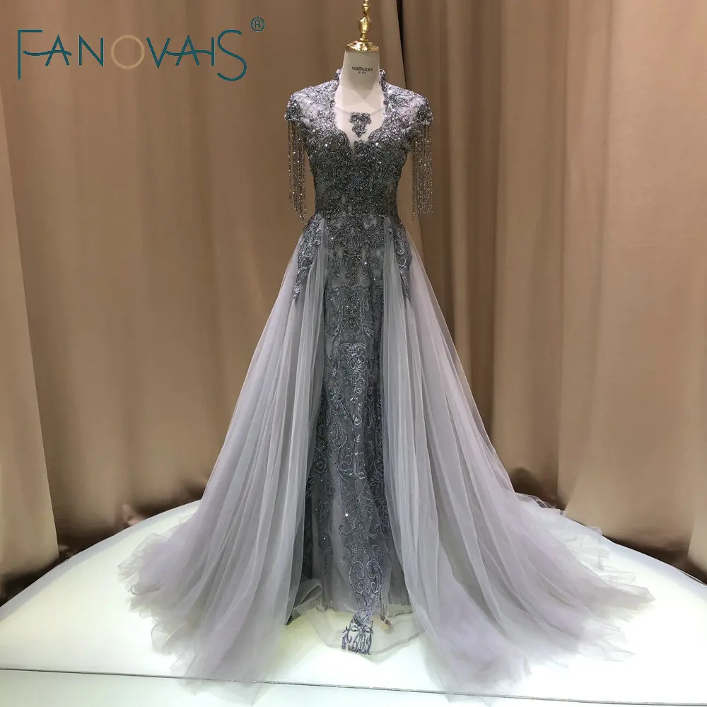 Серебряные вечерние платья с бисером Длинные Vestido de Fiesta de gala Robe de Soiree 2019 Выпускные платья для женщин Турция