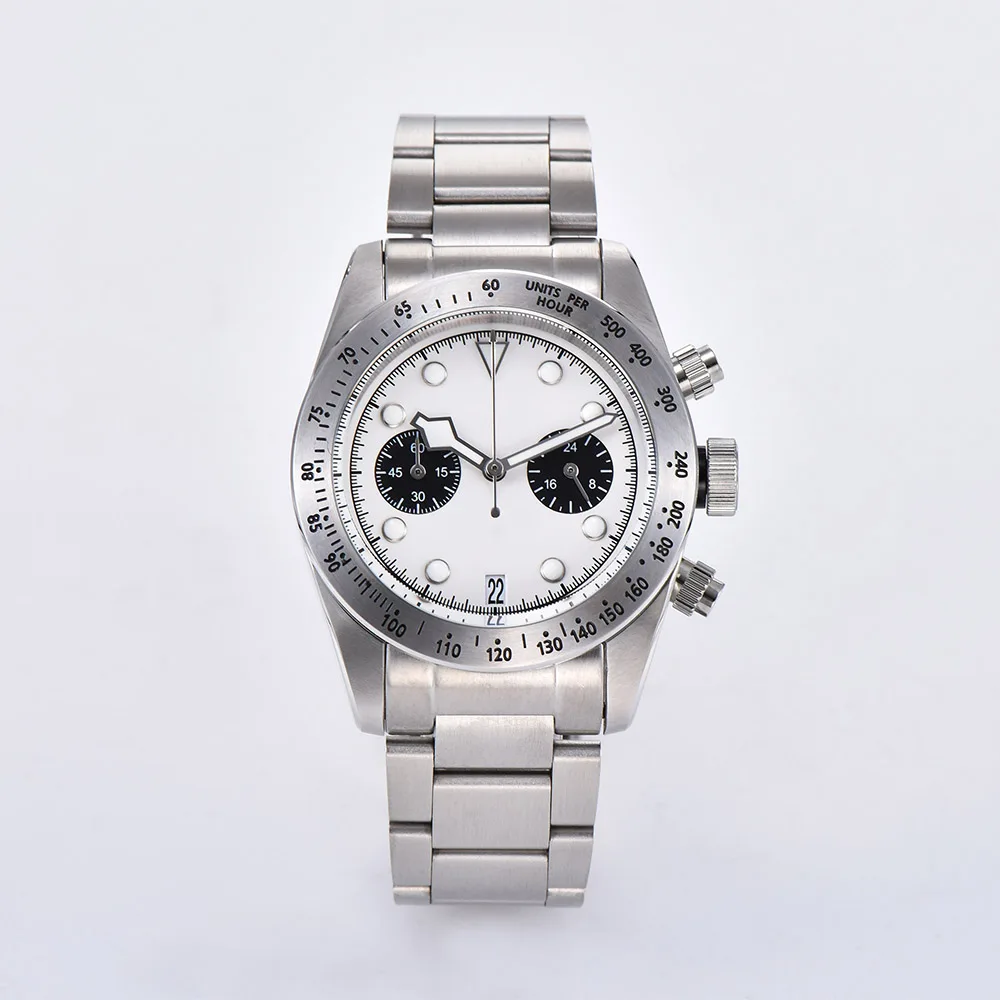 Schwarz Bay VK64 кварцевые часы Хронограф белый циферблат 39 мм минеральное стекло алюминиевая рамка светящийся указатель стальной браслет