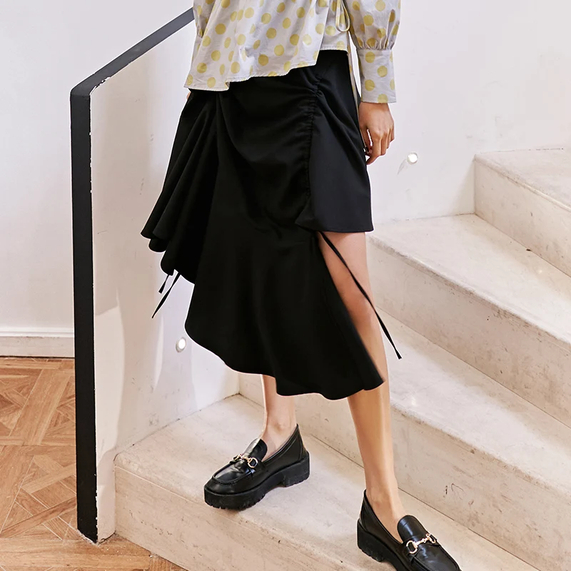 

XUXI 2020 Women New Half Body Pleated Skirt Black Summer Original Design Ocean Wave Fashion Solid Color Skirts Womens FZ1201