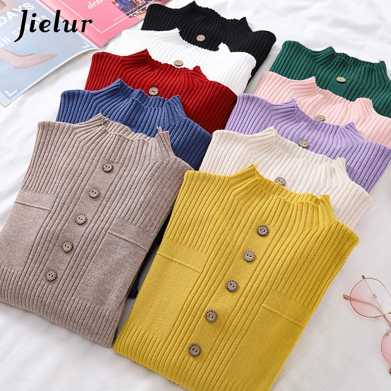 Jielur Women Pullover 2020 New Spring Solid Color Pull Femme Chic Basic Sweaters Knitted Elastic  Slim Jumper 13 Colors Sweater