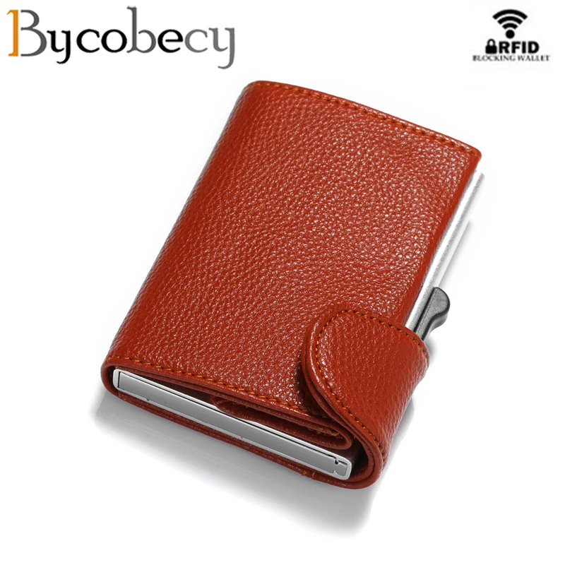 

Bycobecy Anti Rfid Credit Card Holder Case Men slide Leather id Card Holder Bank Aluminium Metal Wallet Creditcard Bag popwallet