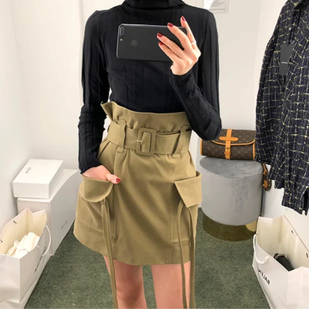 

2019 new arrivals ladies Belted Side pockets high waist sexy mini army green Straps tassels cotton skirt Women