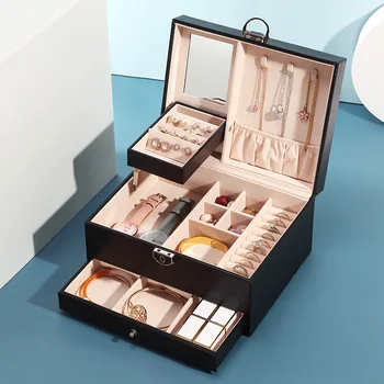 

Casegrace Large PU Leather Drawer Jewelry Storage Box 3Layer Women Velvet Earring Ring Necklace Jewellery Case Organizer Casket