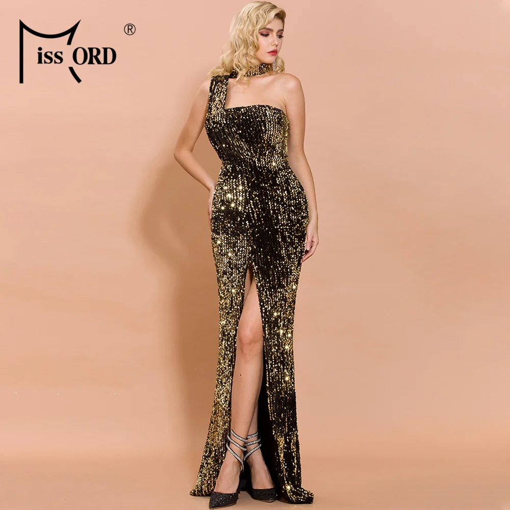 Missord, зимнее платье с блестками, с неровным вырезом, облегающее женское платье для вечеринки, с высоким разрезом, на одно плечо, без рукавов, макси платье, FT19685-3