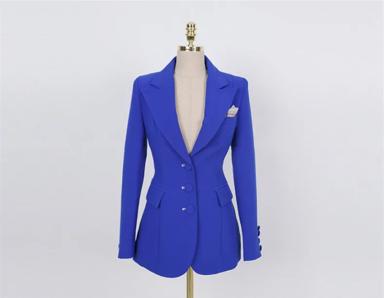 Fashion Week Women's 2-Pieces Autumn Elegant Blue Fashion Single-Breasted Bussines Office Lady Blazer Trousers Suit