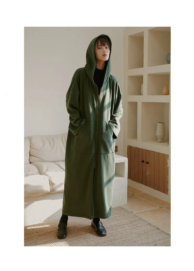 SuperAen Hooded Long Women Sweatshirts Autumn and Winter Korean Style Hoody Cotton Ladies Sweatshirts Zipper Women Clothes