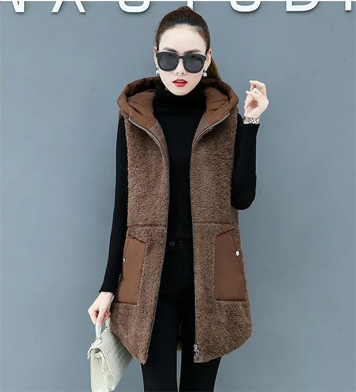 Imitate Lambswool Ladies Vest Coat New Autumn Winter Loose Hooded Outside Take Middle Length Payment Thicken Female Vest Jacket maxi puffer coat womens