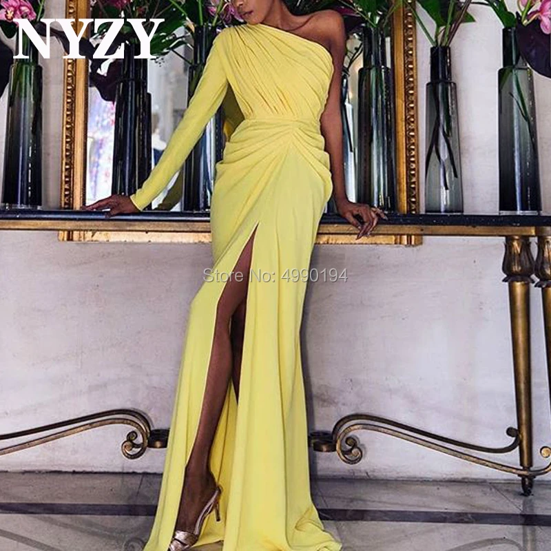 

One Long Sleeve Evening Dress NYZY E213 High Slit Yellow Chiffon Dress Party Prom Celebrity Red Carpet Abendkleider 2019