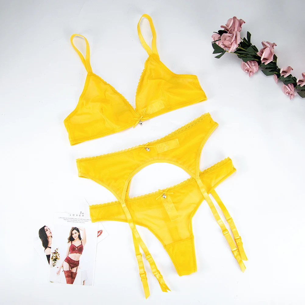 Varsbaby Lemon Yellow Summer Three-Piece Set Sexy Transparent Wire Free Seamless 3/4 Cup Bra Set lace bra set