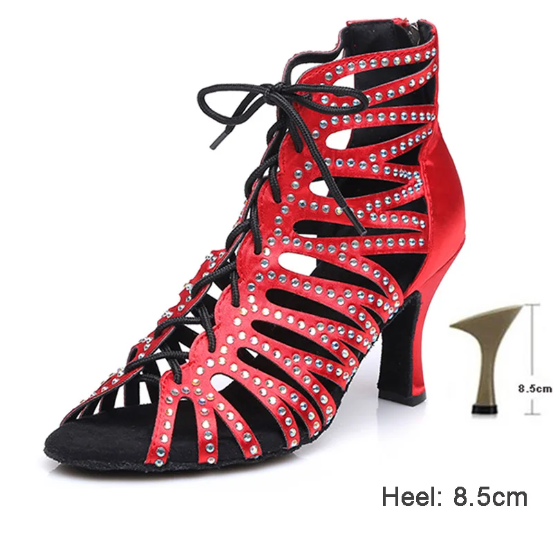 Red 8.5cm heels HROYL Для женщин Латинская танцевальная обувь для девушек и женщин; с Стразы Танго Танцы обувь 10/8. 5/7. 5/6 см каблуке; - Цвет: Red 8.5cm heels