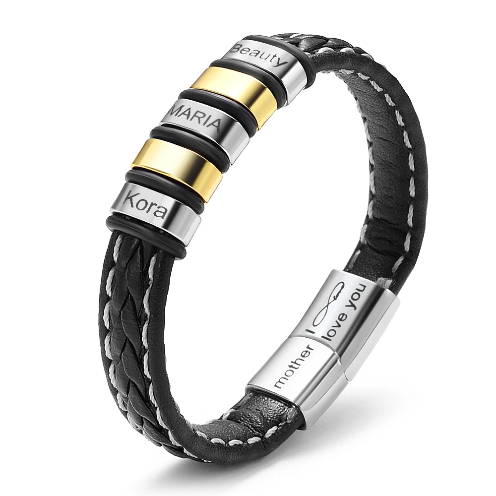 

Бесплатная доставка, персонализированный кожаный браслет с бусинами из нержавеющей стали, индивидуальный браслет унисекс с именем семьи