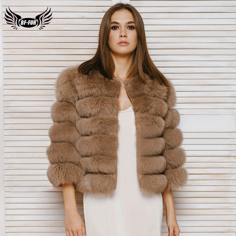 En Ligne BFFUR 2019 réel manteau de fourrure femmes vêtements cinq rangées court chaud veste Six rangées de mode Natrual fourrure de renard femme manteaux parc avec