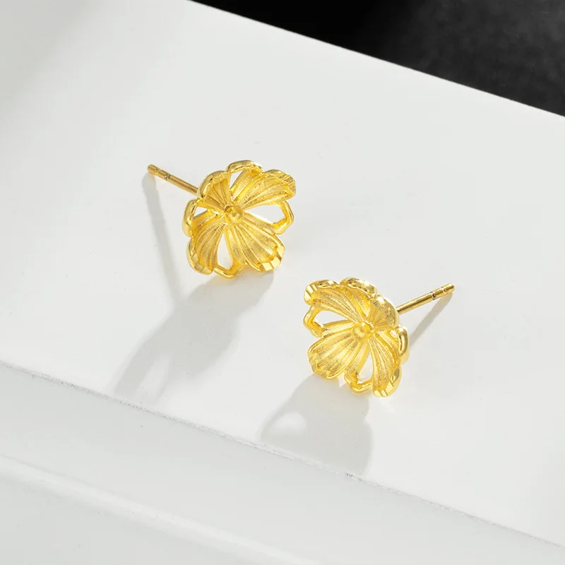 

24K Gold Stud Earrings for Women Hollow Flowers Oval Earrings Romantic Classic Earring for Engagement Wedding Fine Jewelry Gifts