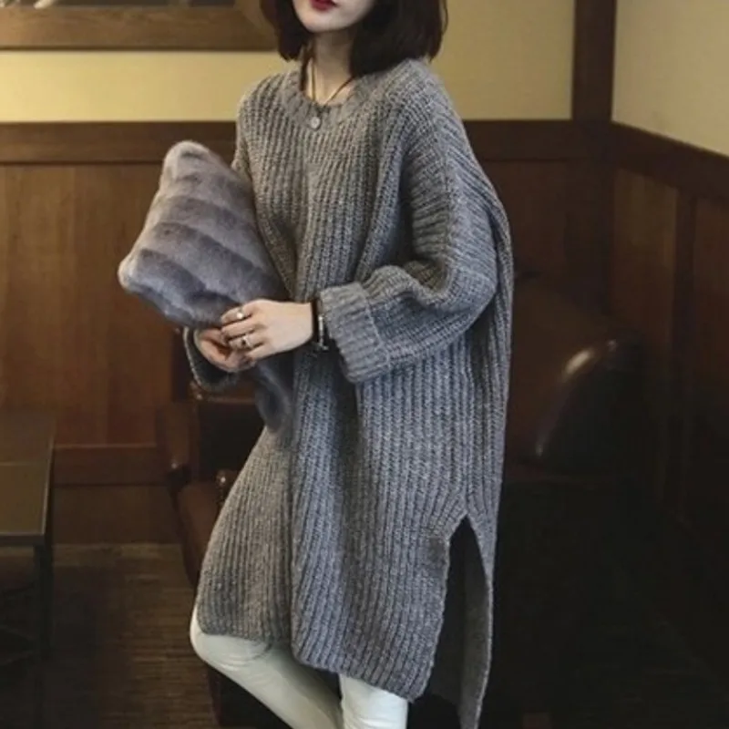 Women Autumn&Winter Casual Wild Knitted Sweater Solid Color Round Neck Long Sleeve Slim Long Sweater