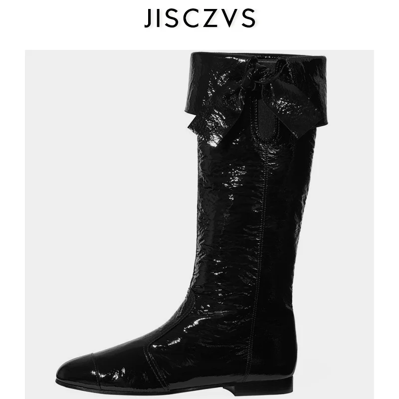 

Genuine leather Mid-calf Boots Western Style Soft Boots Round Toe Black sheepskin Knee High Boots for Women White botas big size