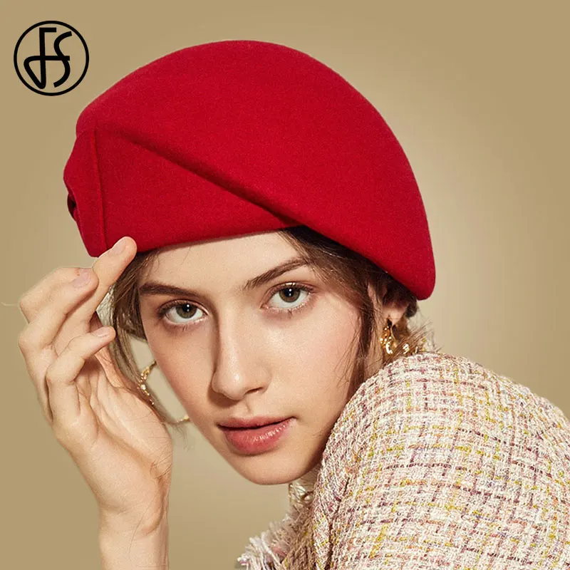 Red Wool Fedora FS шерстяная шляпа женская красная черная британская французская леди художница Топ Кепка бант Boina Feminino шляпы для церкви зима Fedoras - Цвет: Red Wool Fedora