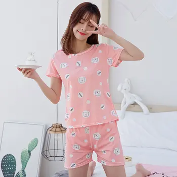 

Short Sleeve Pajamas Women's Summer Crew Neck Korean-style Sweet Cute Women's Extra-large Students Homewear Set