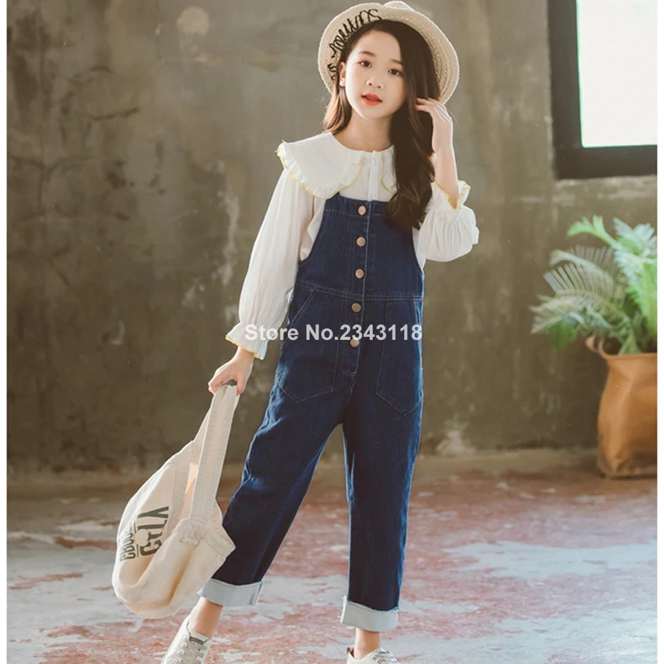 

Girls Clothes White School Blouse + Denim Jumpsuit Children's Costumes For Girls Full Length Kids Clothes For Girls 6 8 10 12 14