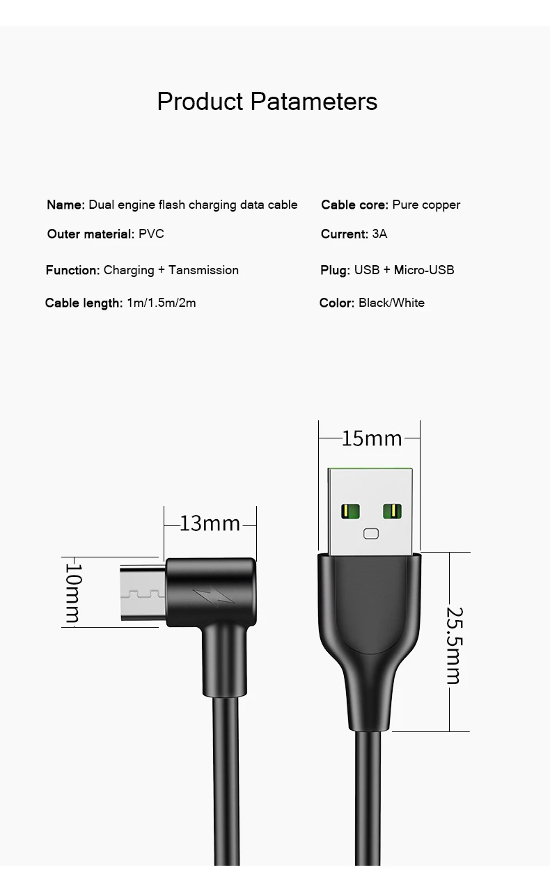 Локоть Micro USB кабель 3A Быстрая зарядка кабель мобильного телефона передачи данных для телефонов Android черный белый 1 м 1,5 м 2 м