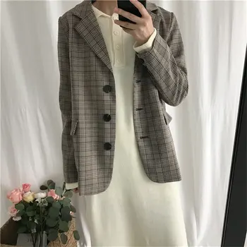

HziriP Preppy Style 2019 Plaid Slender Loose Suit Coat Elegant Office Blazers Notched Work Wear Tops Femme Women Free Blazer