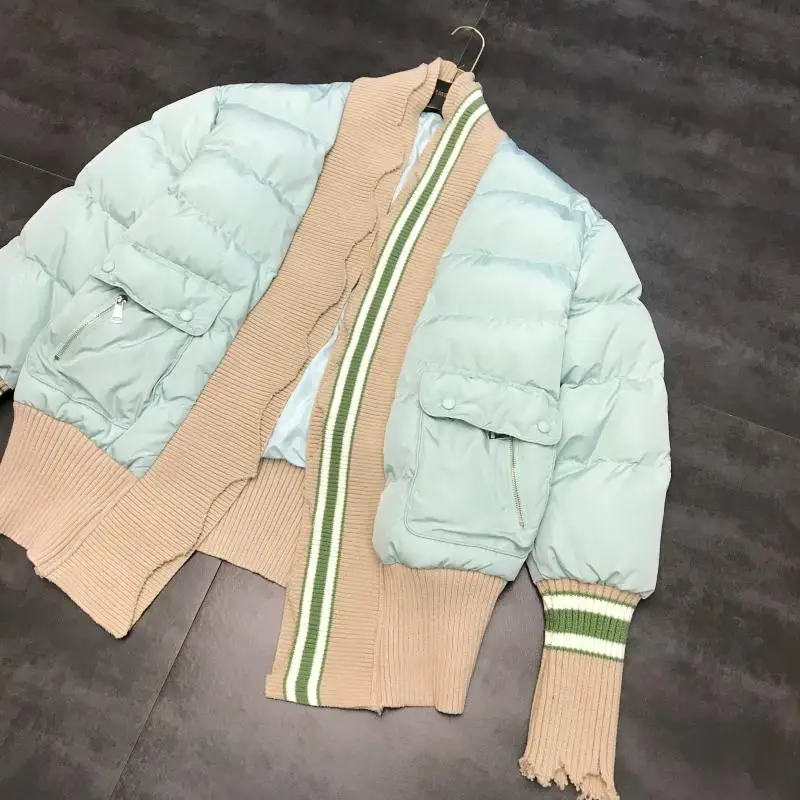 winter new knitted thread edge stitching double pocket hit color warm cotton clothing cotton coat female tide