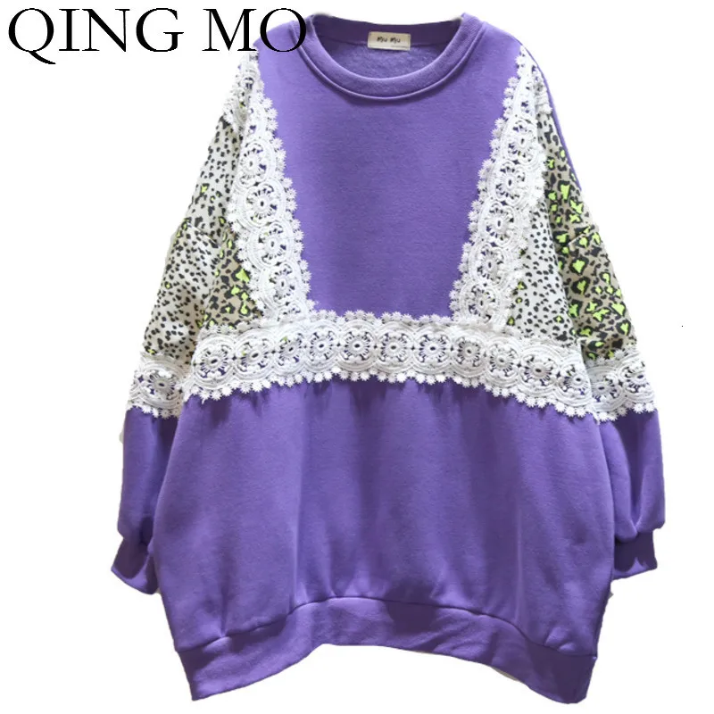 QING MO, черный, розовый, фиолетовый, женская зимняя толстовка,, Женская кружевная Лоскутная Толстовка с леопардовым принтом, толстовка ZQY2553