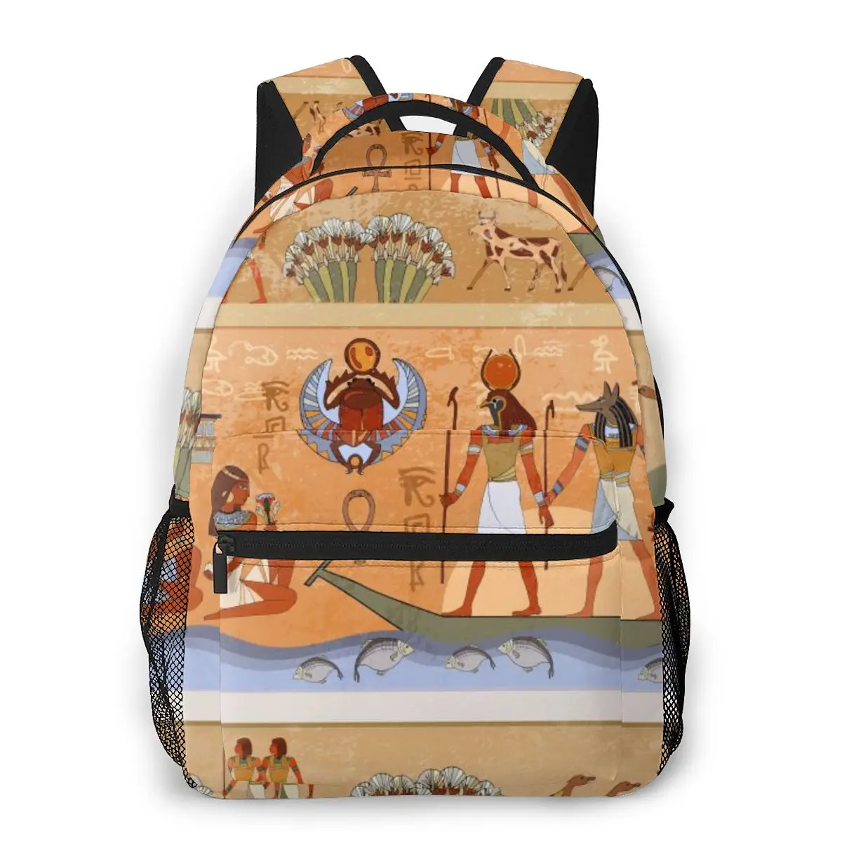 Ancient Egyptian Decor Deities And Gold Background With Hieroglyphs School Backpack Laptop Backpacks Casual Bookbags Daypack for Kids Girls Boys and Women