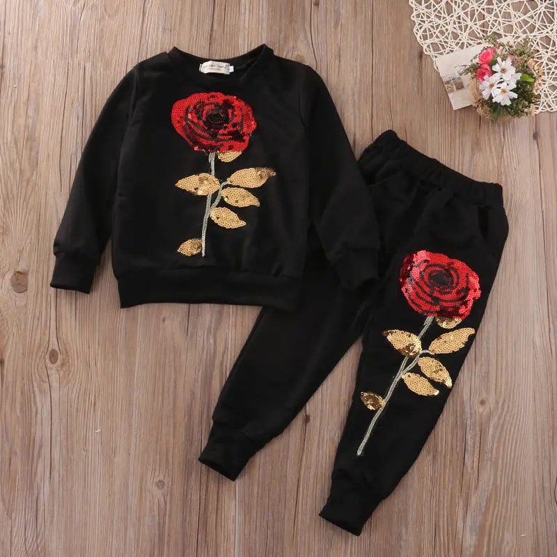Black Pudcoco 2 шт., детская одежда с блестками наряд с розами, хлопковая одежда с длинными рукавами, футболка+ длинные штаны, комплект, спортивный костюм - Цвет: Black