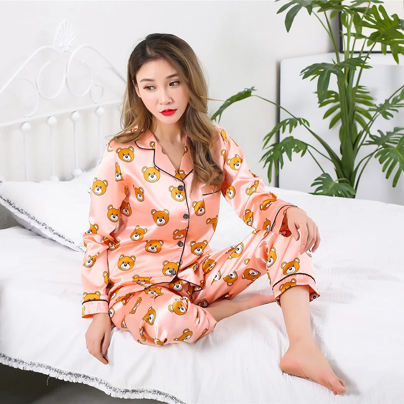 C MWS xiaoxiongmi Весенний пижамный комплект с длинным рукавом размера плюс 3XL 4XL 5XL, пижамы для женщин, шелковая атласная пижама, мультяшная Пижама, одежда для сна - Цвет: C MWS xiaoxiongmi
