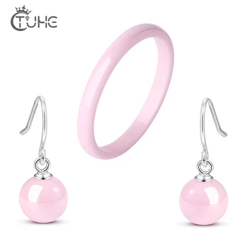 

925 Sterling Silver Elegant Ceramic Jewelry Set Round Drop Earrings With 2MM Pure Ceramic Ring Cute White Pink Wedding Jewelry