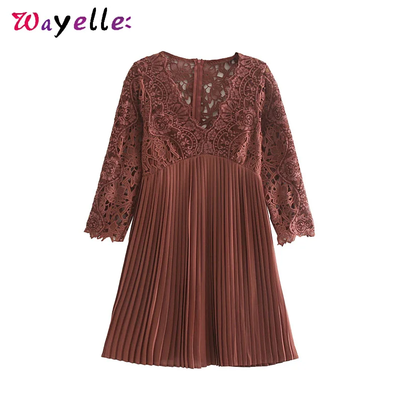 

Lace Sexy Dresses V Neck Long Sleeve Back Zipper Mini Dress 2019 Autumn Hollow Out Patchwork Pleated Elegant Dress Women