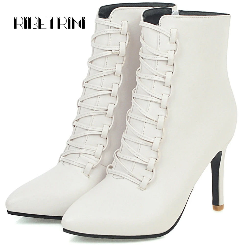 

RIBETRINI Elegant Pionted Toe Ankle Boots For Women Thin High Heels Short Boots Shoes Woman Plus Size 31-48