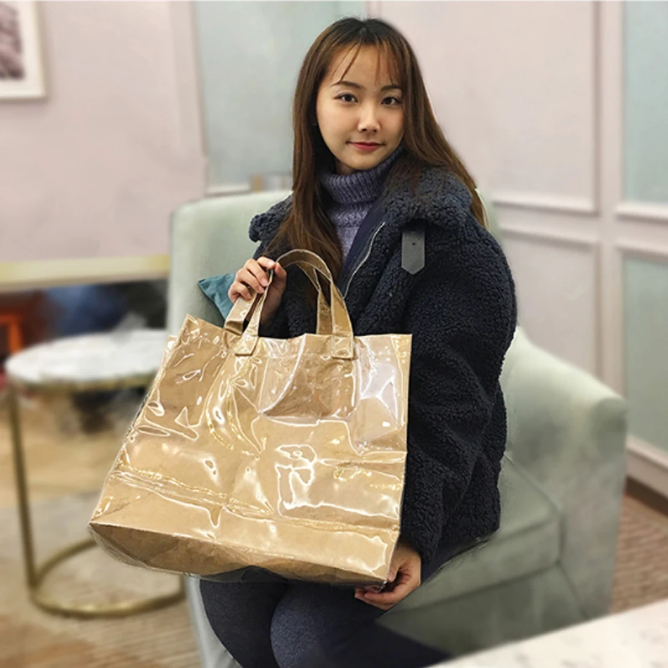 Waterproof PVC Jelly Bag Vintage Kraft Paper Bags Tote Bag Transparent Casual Shopping Bag Summer Beach Bag Big Capacity