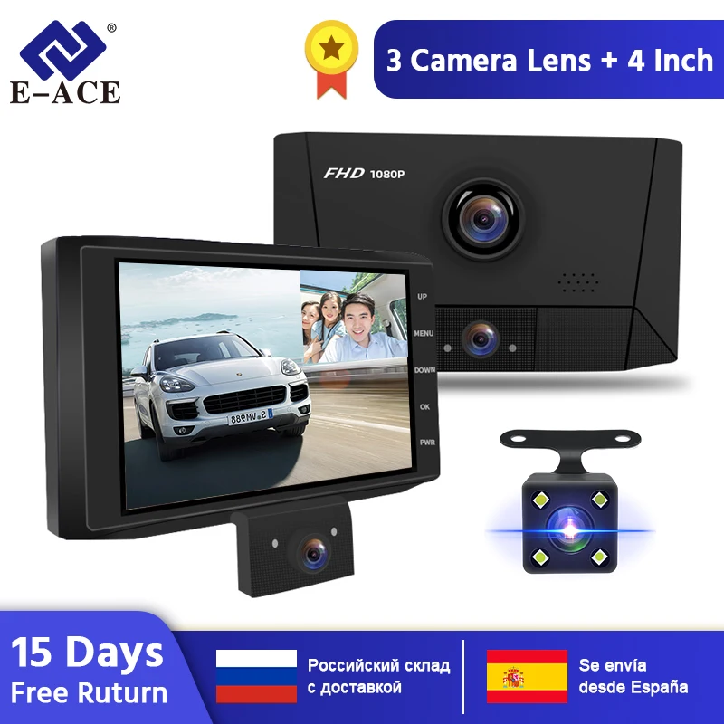E-ACE B13 Auto Dvr 4,0 Inch Dash Cam 3 Kameras Objektiv Kanzler FHD 1080P Video Recorder Mit rückansicht kamera DVRs Dash Kamera E-ACE B13 Auto Dvr 4,0 Inch Dash Cam 3 Kameras Objektiv Kanzler FHD 1080P Video Recorder Mit rückansicht kamera DVRs Dash Kamera