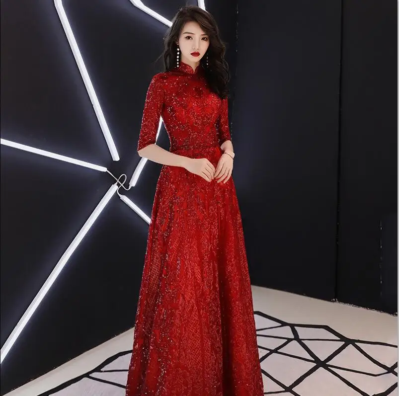 burgundy B Китайское Восточное вышитое Cheongsam Длинное Элегантное вечернее платье платья принцессы Бургундия Qipao свадебное летнее женское сексуальное - Цвет: burgundy B