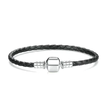 

100% S925 Sterling Silver Moments Black Leather Woven Bracelet Fit original Charm beads Rope Lovers Bangles Jewelry Holiday Gift