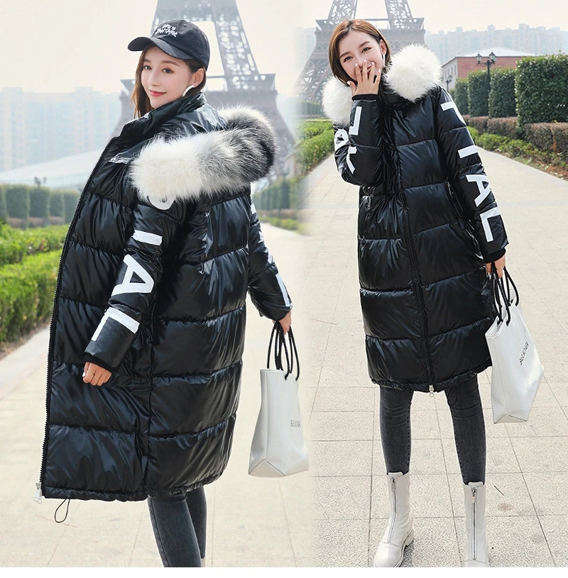 Модные глянцевые длинные женские зимние куртки, красные, серые, синие, черные пальто с капюшоном, теплые толстые парки с меховым воротником