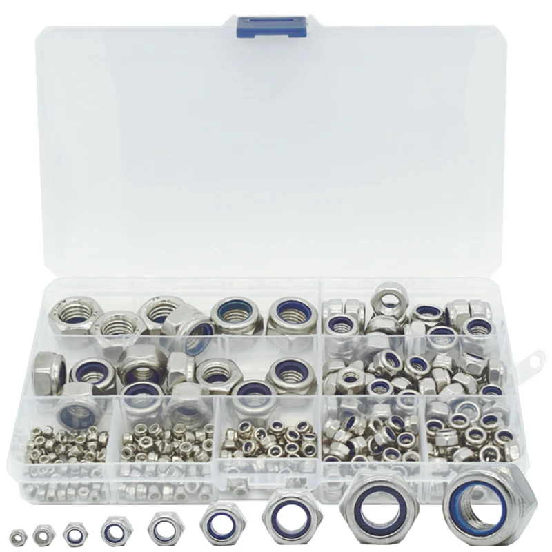 321 Pcs/box Nylon Lock Nut 304 Stainless Steel M2 M2.5 M3 M4 M5 M6 M8 M10 M12 Hex Hexagon Self Locking Nut Assortment Kit