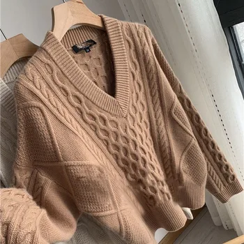 

BELIARST Autumn and Winter New 100% Pure Wool Ladies Sweater V-Neck Loose Pullover Warm Thick Knitted Base Sweater