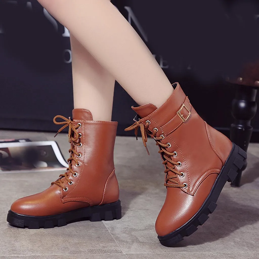 

Riding Equestrian Boots Women Fashion Buckle Strap Square Flat Heel Casual Middle Tube Bare Boots botas mujer invierno 2019