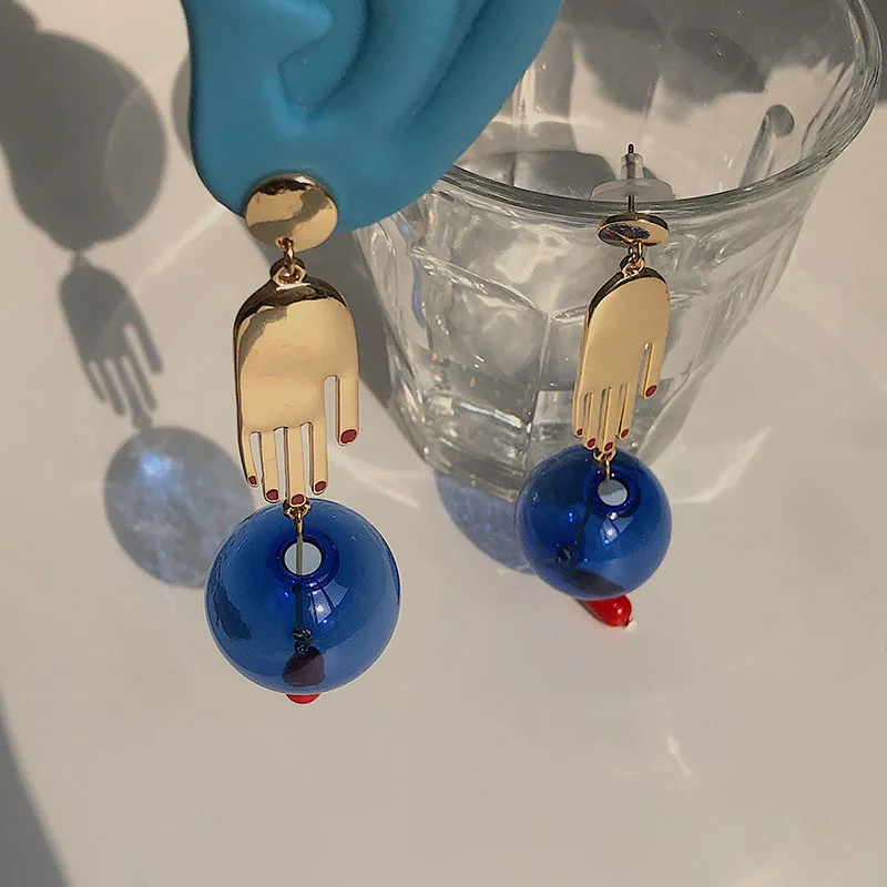 Original Palm Blue Glass Ball Dangle Earrings For Women Fashion Trend Exaggerated Hand Long Drop Krorean Earings Jewelry drop earrings dangle earrings