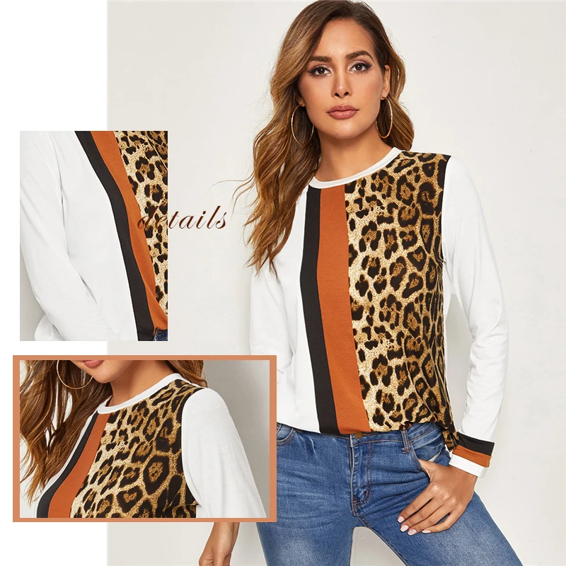 SweatyRocks топ с леопардовым принтом для женщин летние уличные футболки повседневные женские топы с длинными рукавами для отдыха